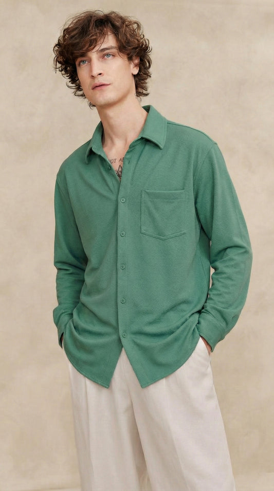 Men's Solid Green Lycra Casual Button-Down Shirt