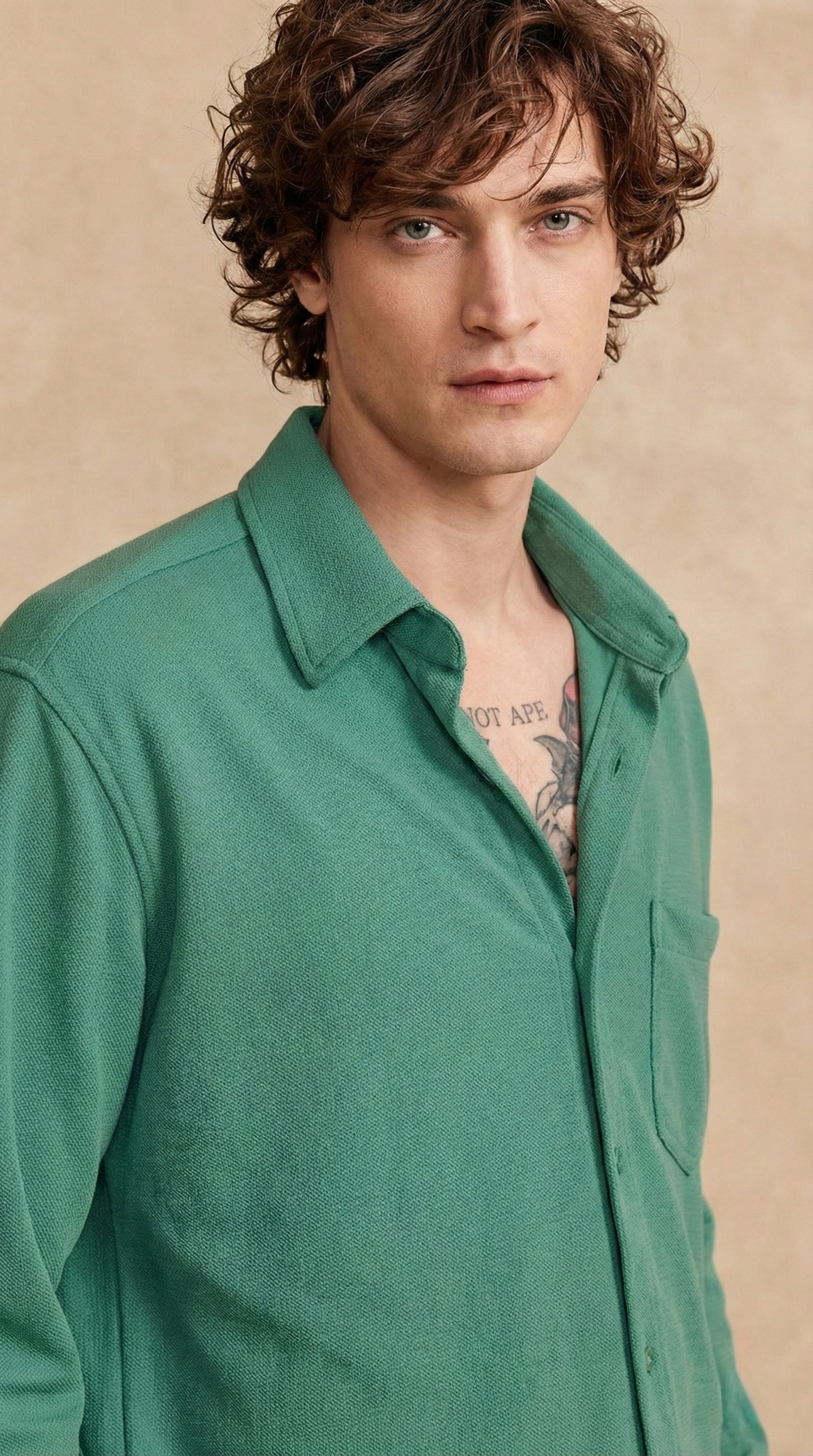 Men's Solid Green Lycra Casual Button-Down Shirt