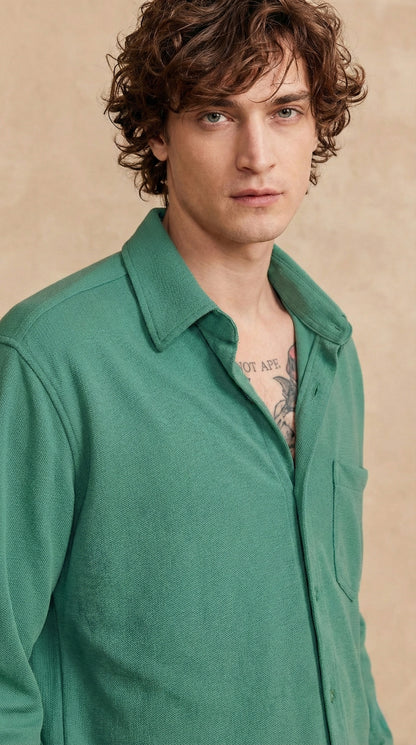 Men's Solid Green Lycra Casual Button-Down Shirt
