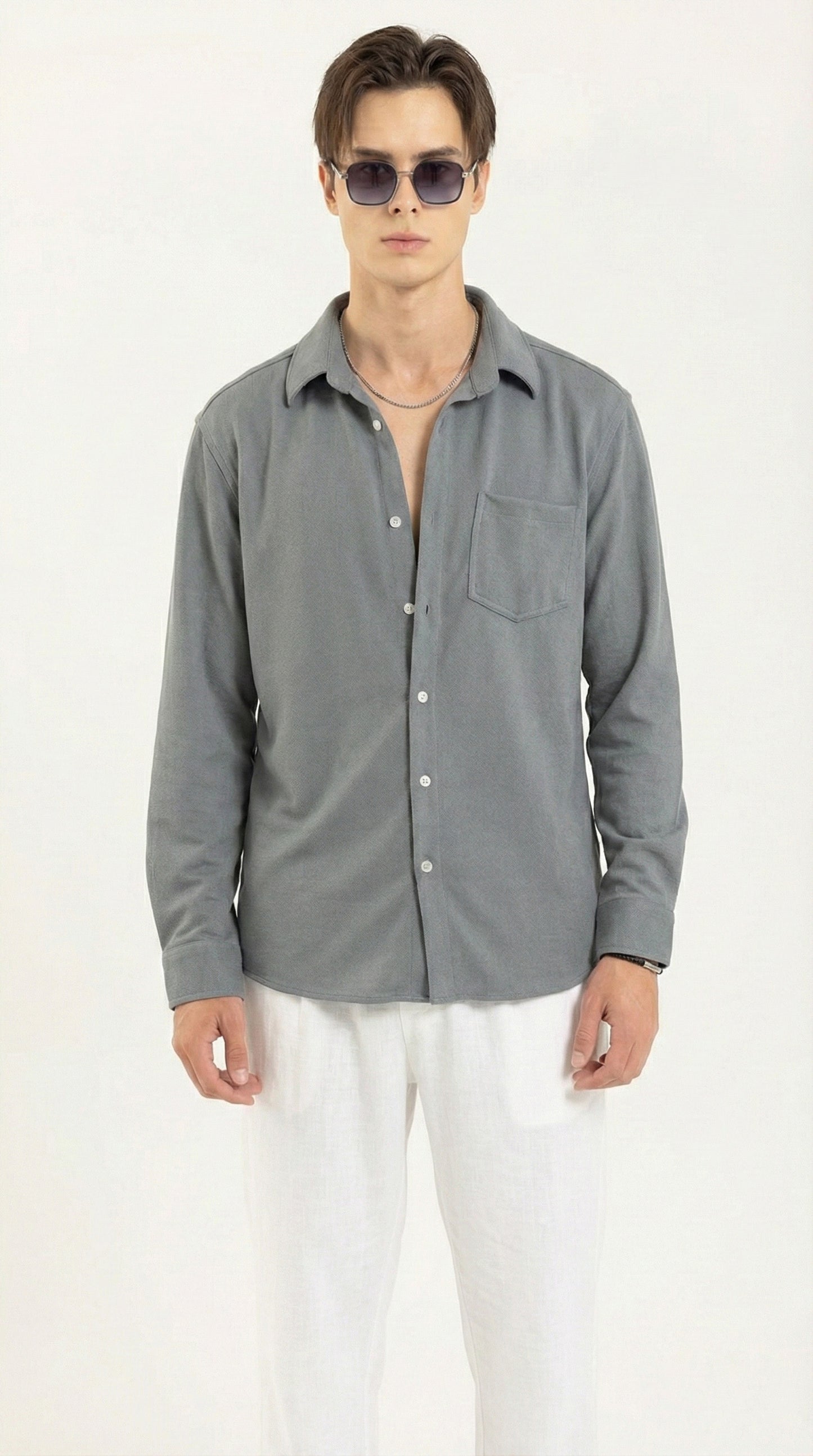 Men's Solid Grey Lycra Casual Button-Down Shirt