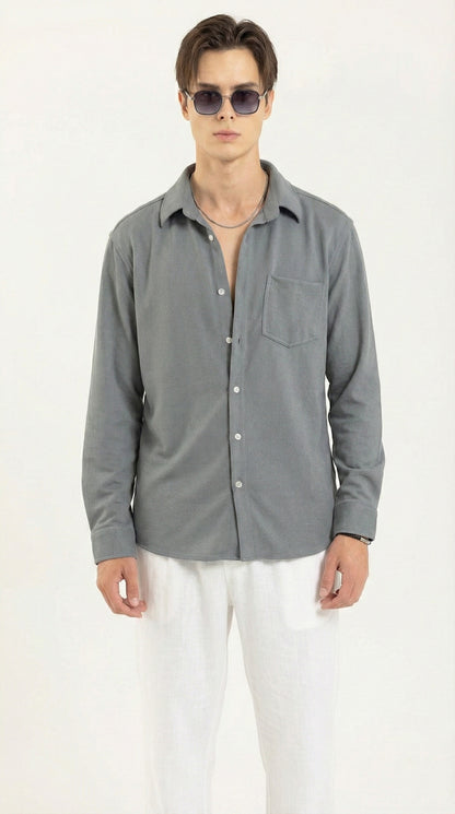 Men's Solid Grey Lycra Casual Button-Down Shirt