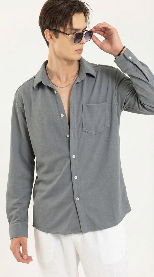 Men's Solid Grey Lycra Casual Button-Down Shirt