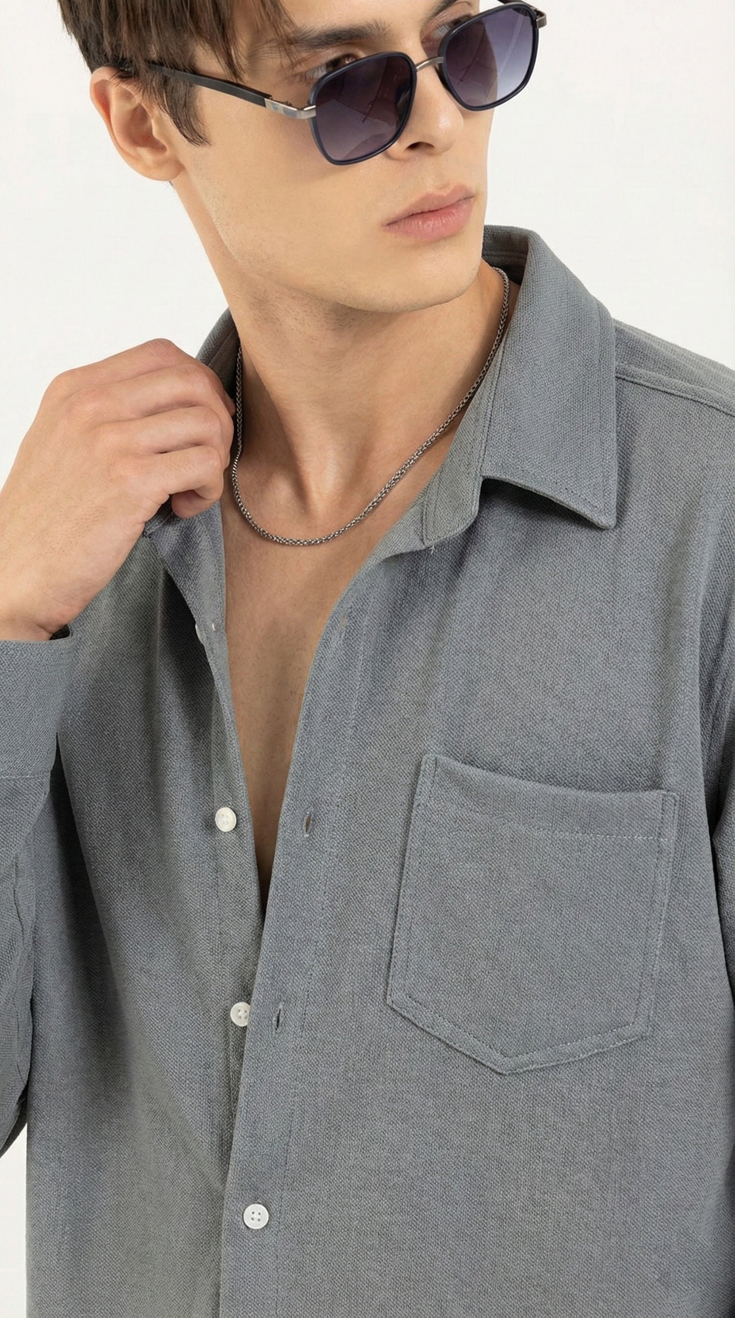 Men's Solid Grey Lycra Casual Button-Down Shirt