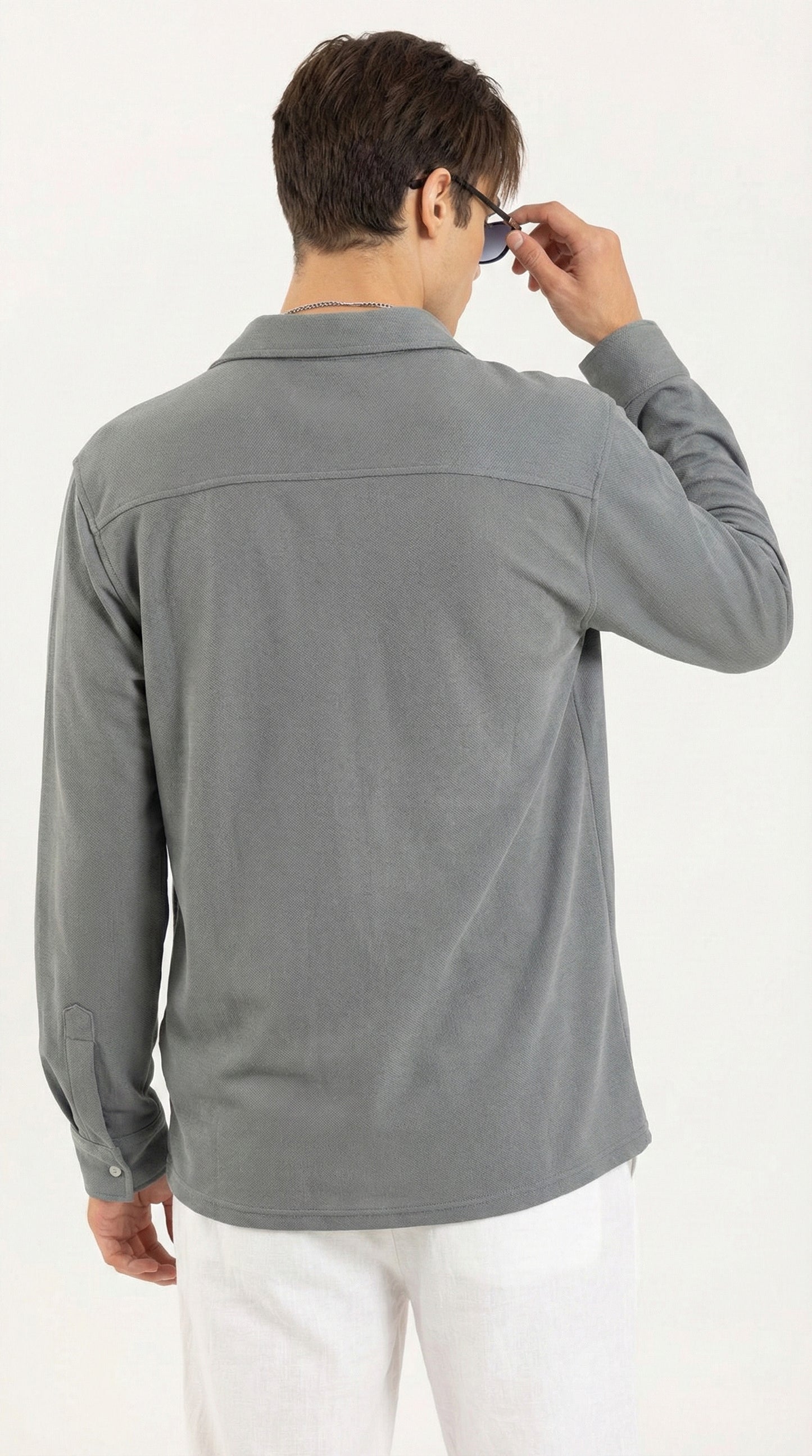 Men's Solid Grey Lycra Casual Button-Down Shirt