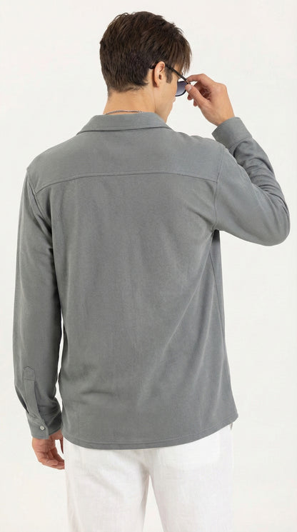 Men's Solid Grey Lycra Casual Button-Down Shirt