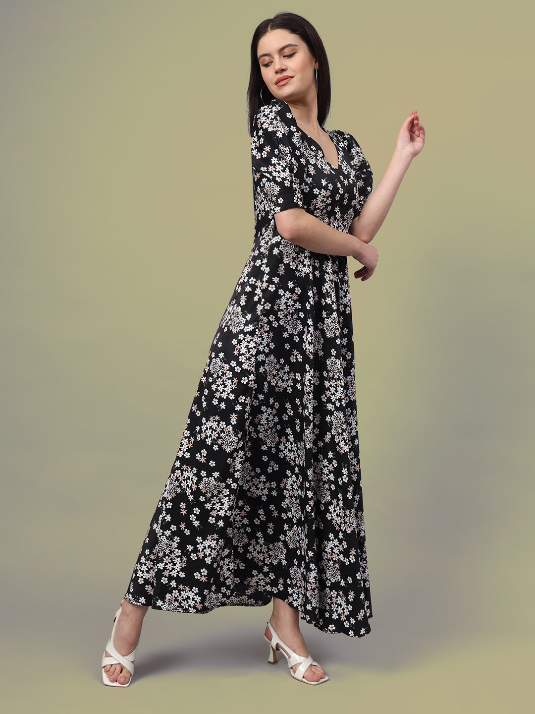 Puff Sleeves Ankle Length Flared Dress