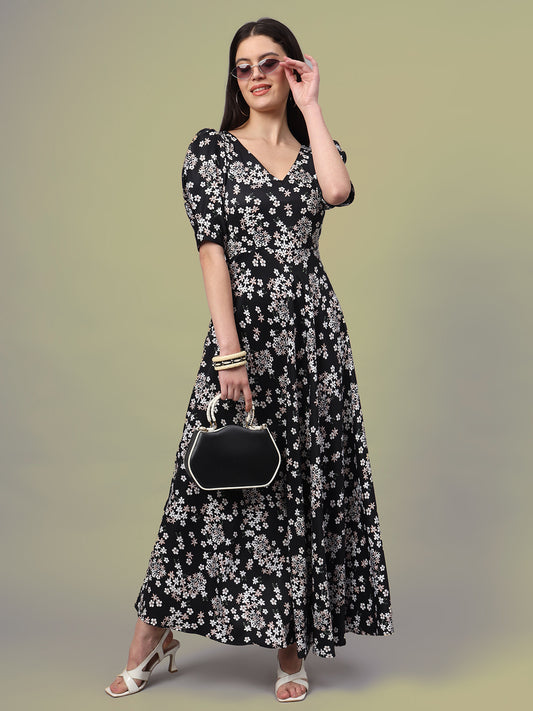 Puff Sleeves Ankle Length Flared Dress
