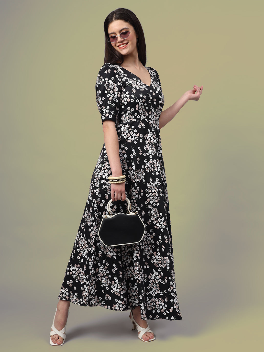 Puff Sleeves Ankle Length Flared Dress