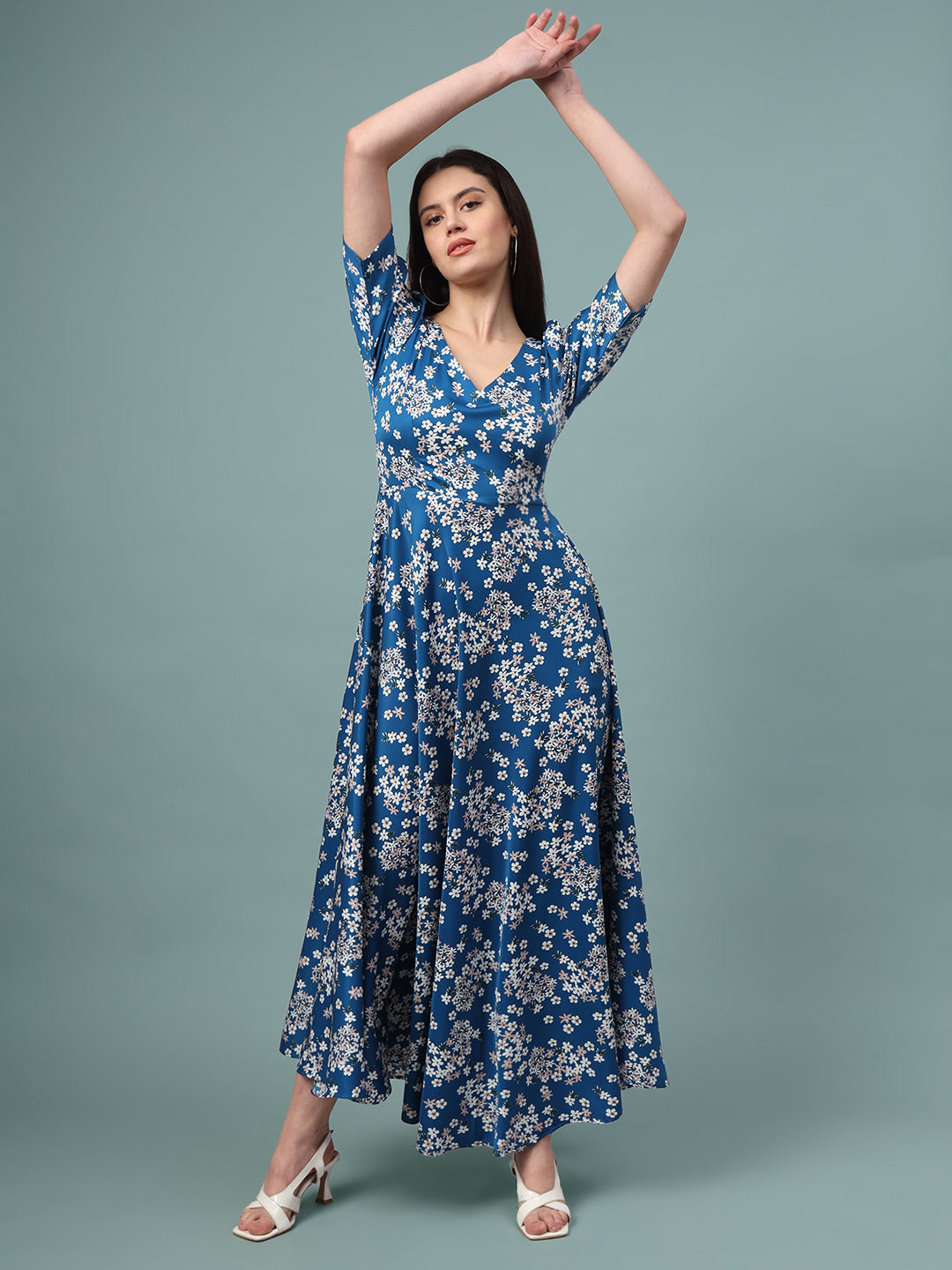 Puff Sleeves Ankle Length Flared Dress