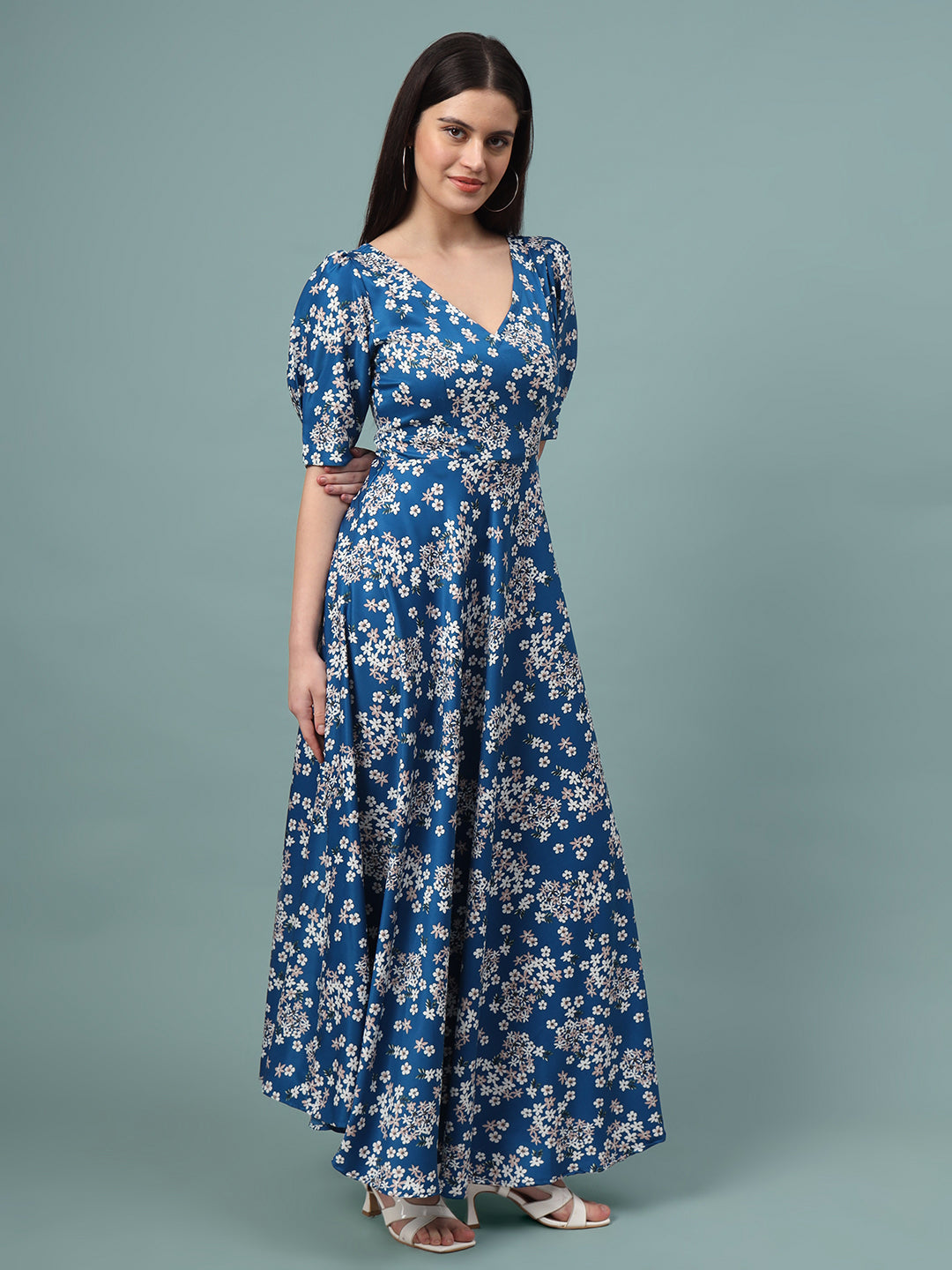 Puff Sleeves Ankle Length Flared Dress
