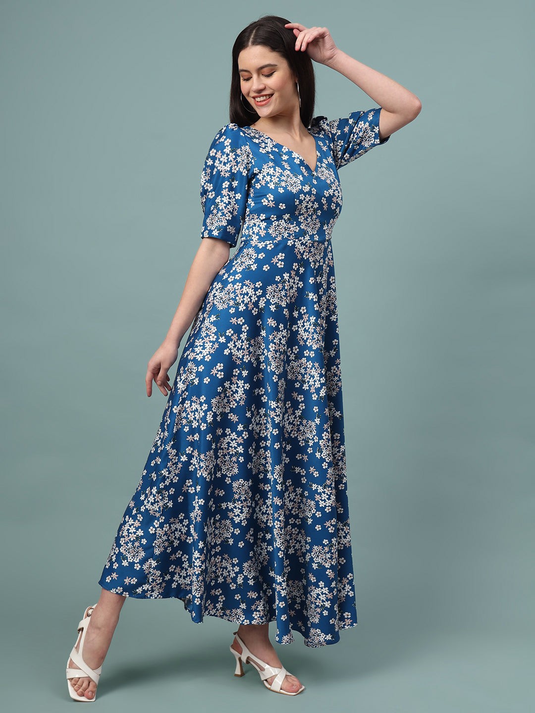 Puff Sleeves Ankle Length Flared Dress