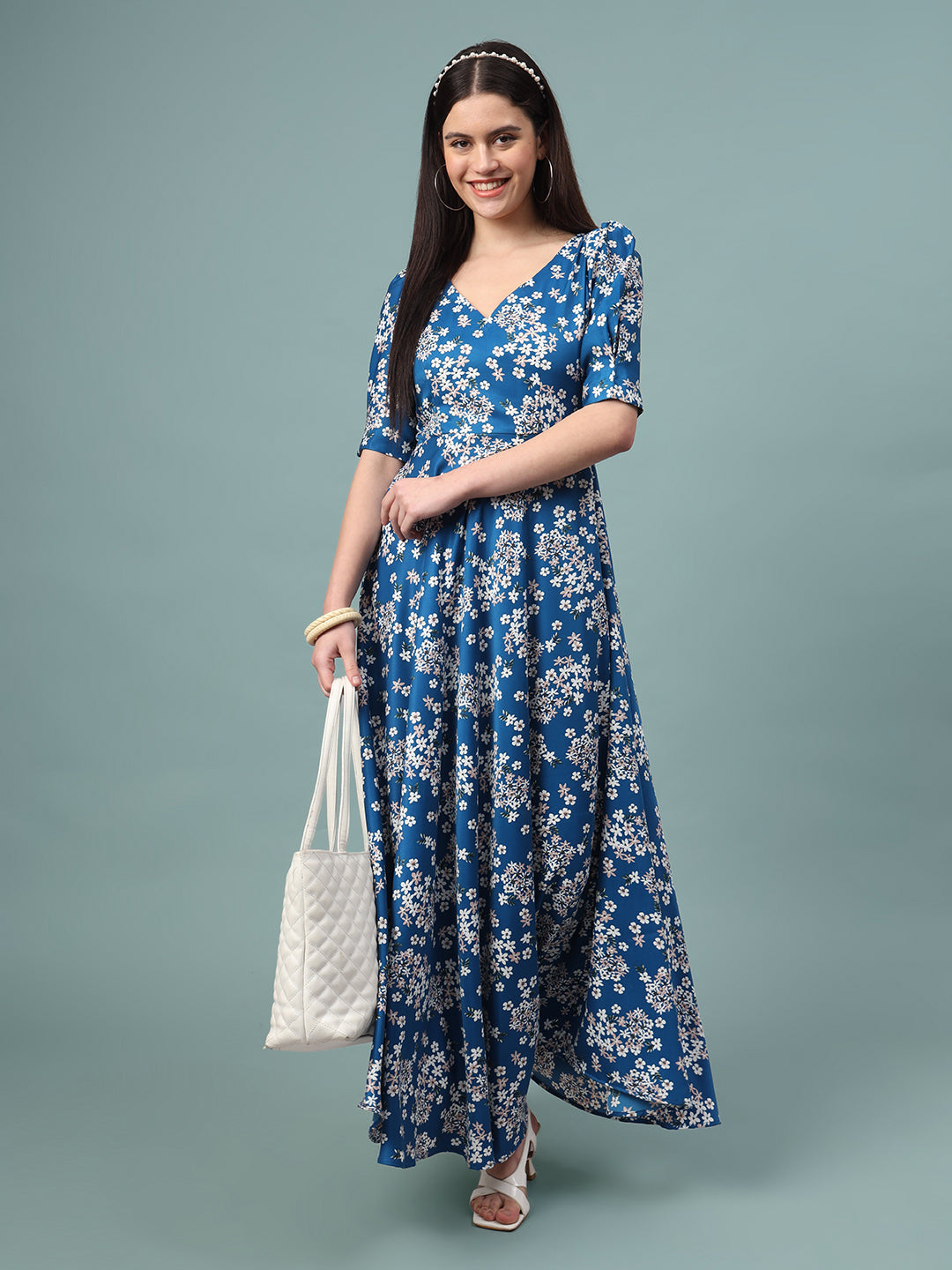 Puff Sleeves Ankle Length Flared Dress