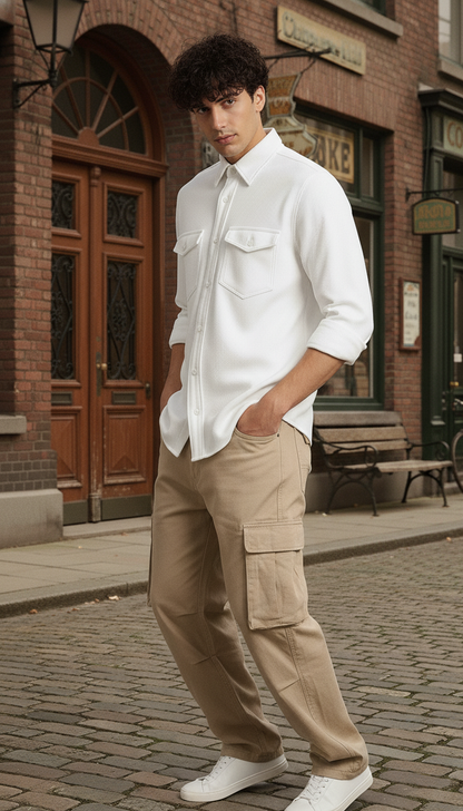 White Color Double Side Patch Pocket Knitted Shirt