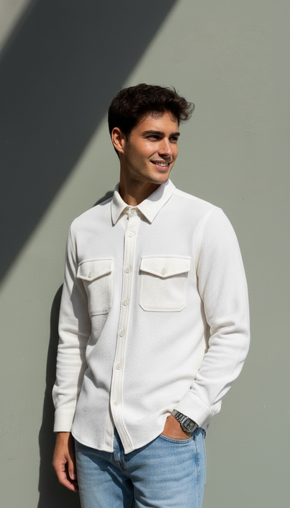 White Color Double Side Patch Pocket Knitted Shirt