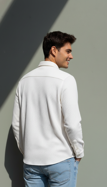 White Color Double Side Patch Pocket Knitted Shirt