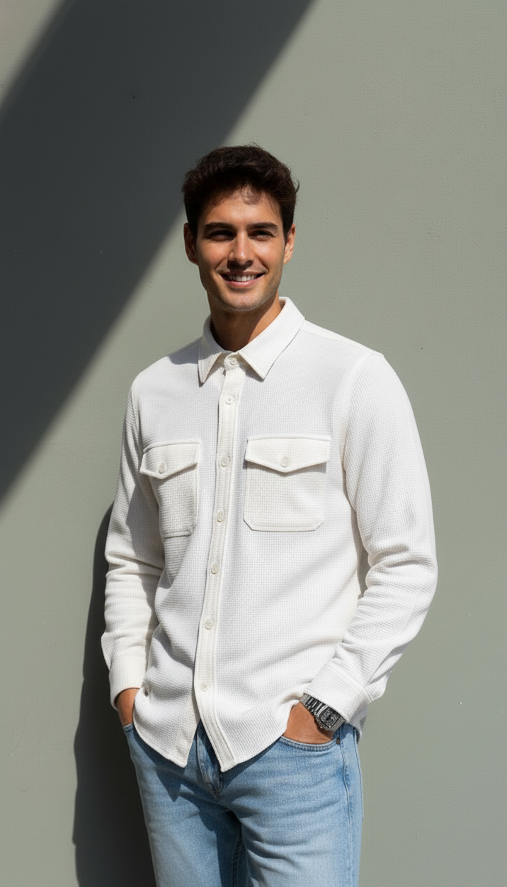 White Color Double Side Patch Pocket Knitted Shirt