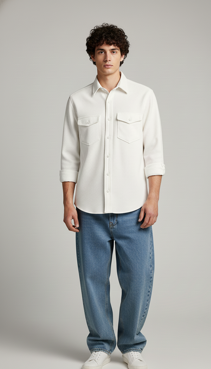 White Color Double Side Patch Pocket Knitted Shirt