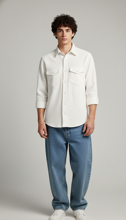 White Color Double Side Patch Pocket Knitted Shirt