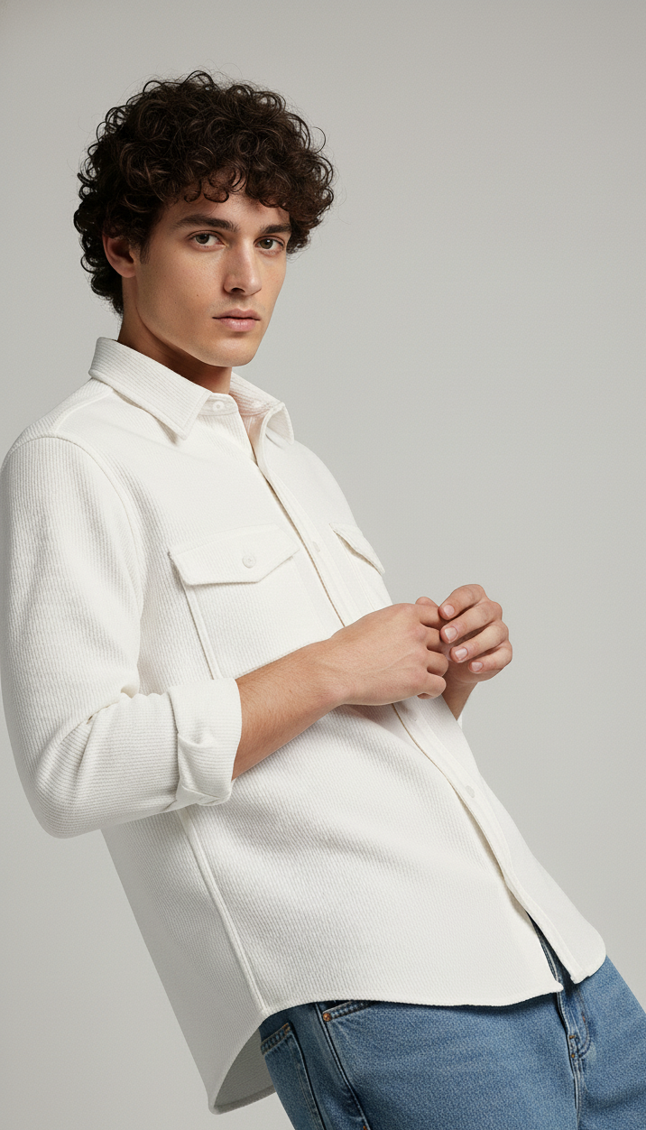 White Color Double Side Patch Pocket Knitted Shirt