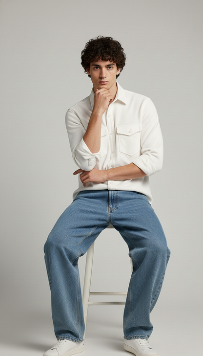 White Color Double Side Patch Pocket Knitted Shirt