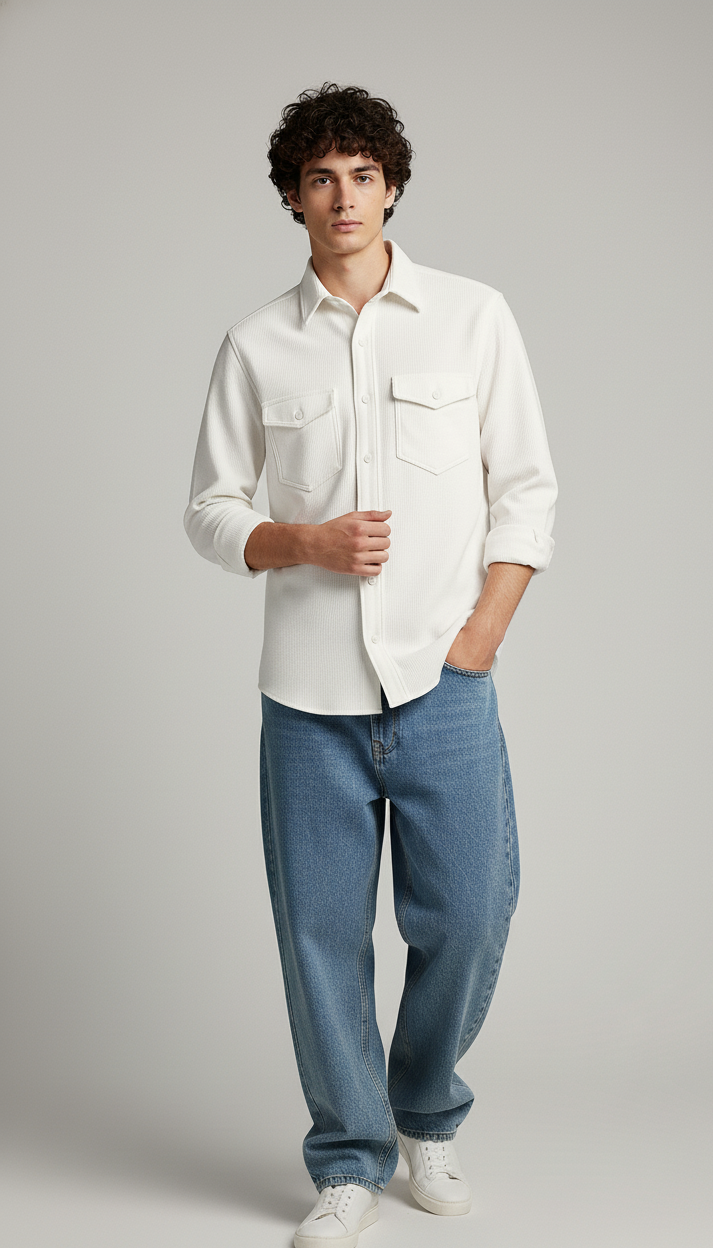 White Color Double Side Patch Pocket Knitted Shirt