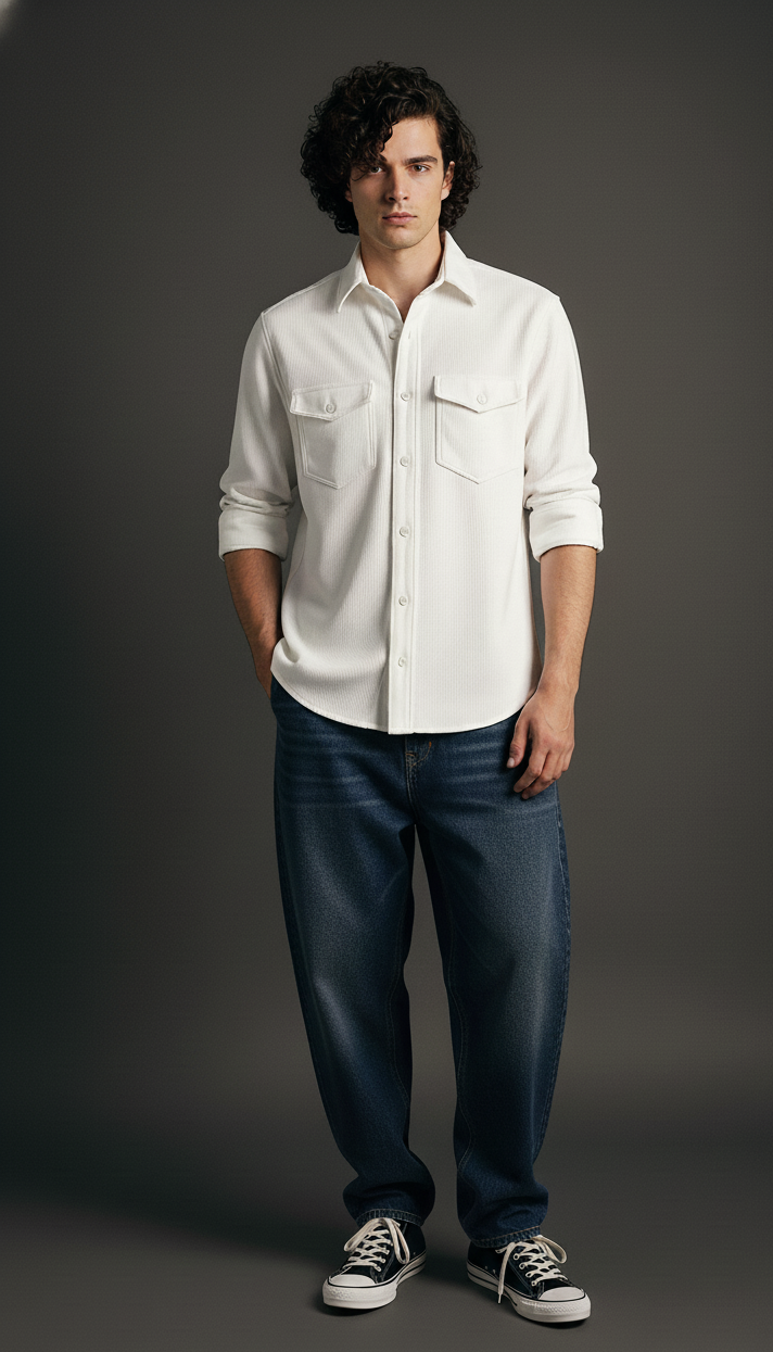 White Color Double Side Patch Pocket Knitted Shirt