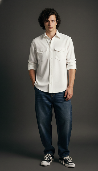 White Color Double Side Patch Pocket Knitted Shirt