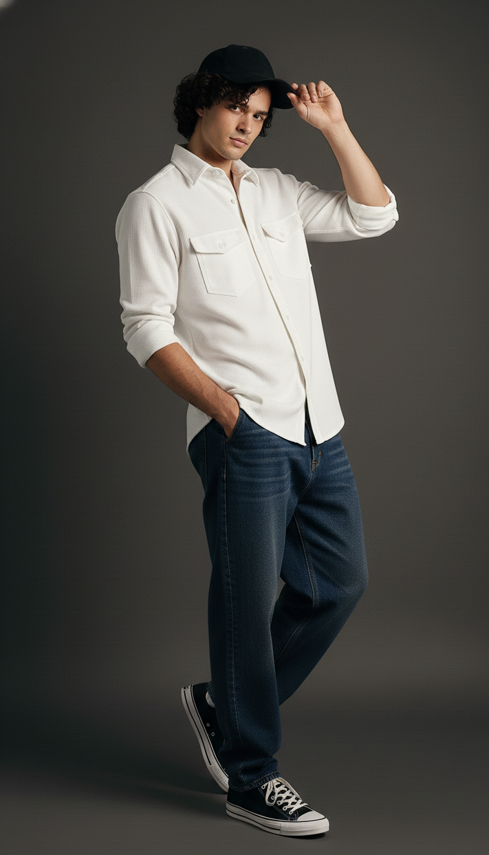 White Color Double Side Patch Pocket Knitted Shirt