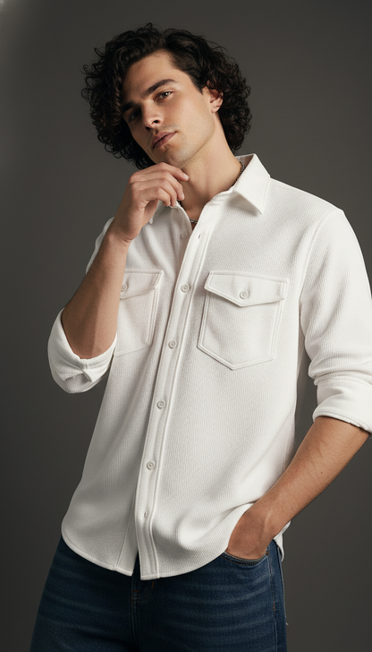 White Color Double Side Patch Pocket Knitted Shirt