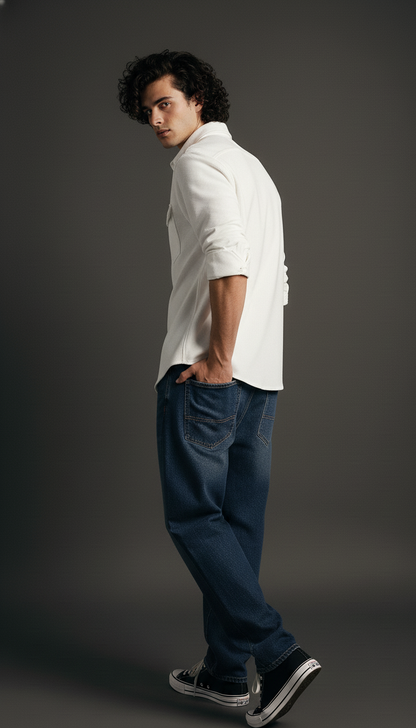 White Color Double Side Patch Pocket Knitted Shirt