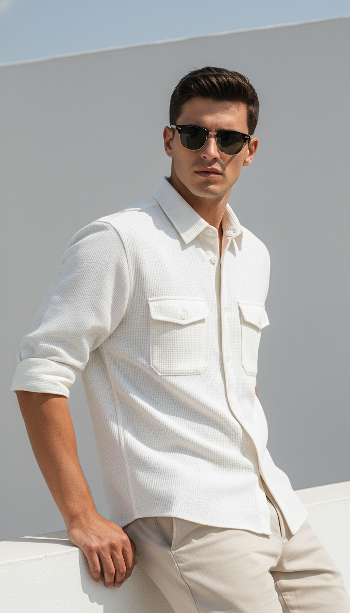 White Color Double Side Patch Pocket Knitted Shirt