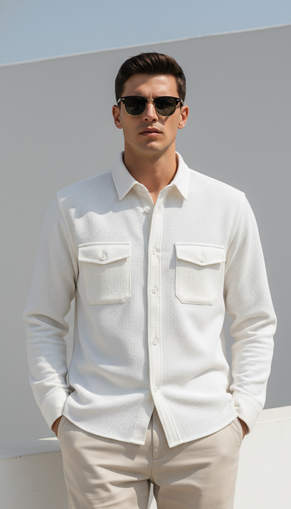 White Color Double Side Patch Pocket Knitted Shirt