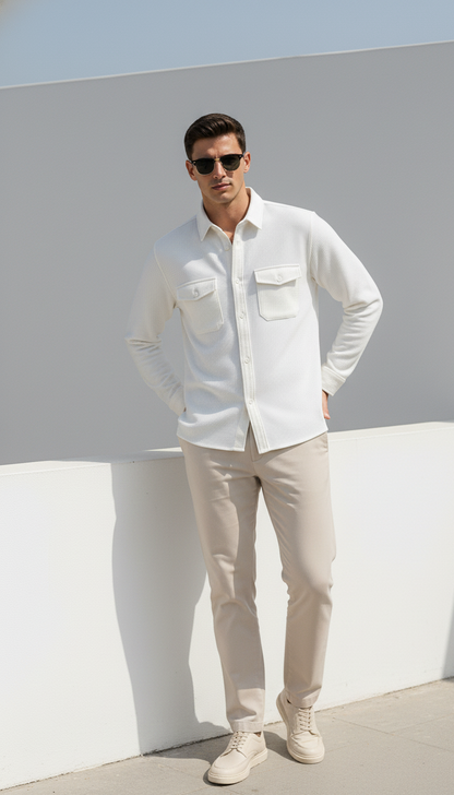 White Color Double Side Patch Pocket Knitted Shirt