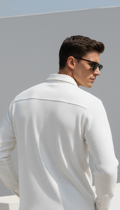 White Color Double Side Patch Pocket Knitted Shirt