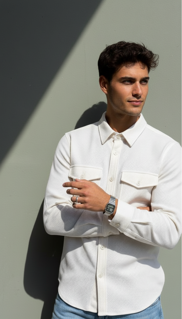 White Color Double Side Patch Pocket Knitted Shirt