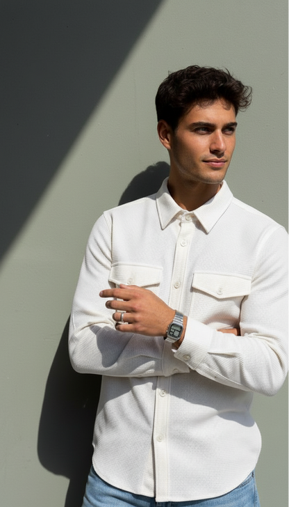 White Color Double Side Patch Pocket Knitted Shirt