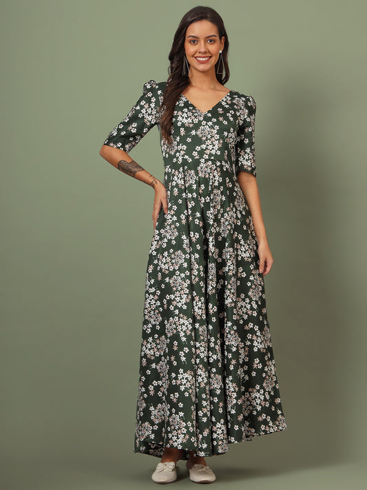 Puff Sleeves Ankle Length Flared Dress