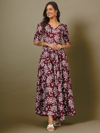 Puff Sleeves Ankle Length Flared Dress